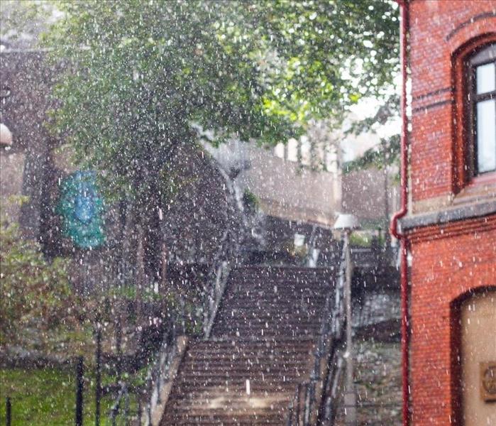 Stairway and building with rain